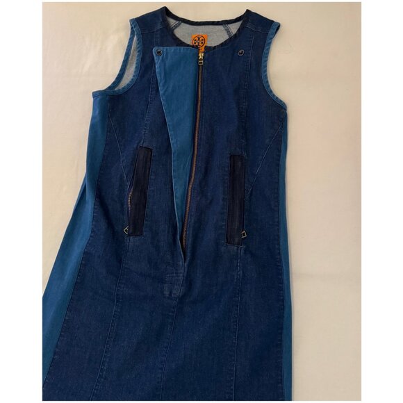 Tory Burch "Pierced Zipper" Denim Shift Dress w/ Pockets | Sz Small | Navy Blue - Picture 5 of 9